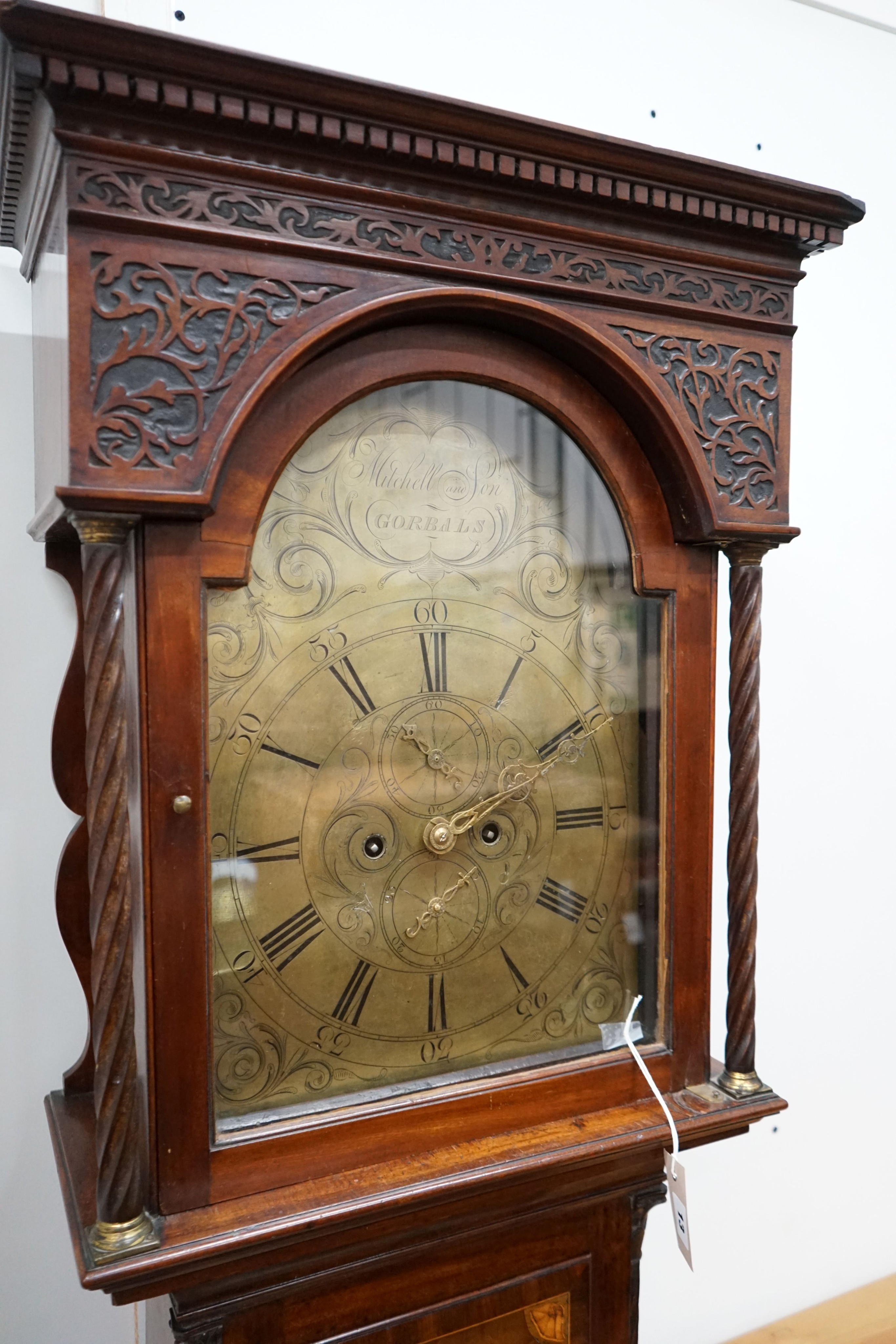 A George III inlaid mahogany 8 day longcase clock, marked Mitchell & Son, Gorbals, with key, pendulum and two weights, height 208cm